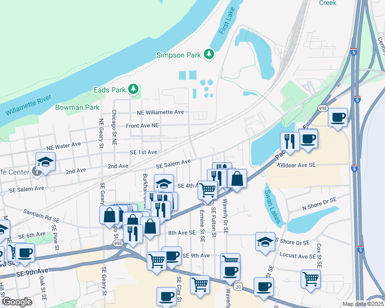 map of restaurants, bars, coffee shops, grocery stores, and more near 2353 Southeast Salem Avenue in Albany