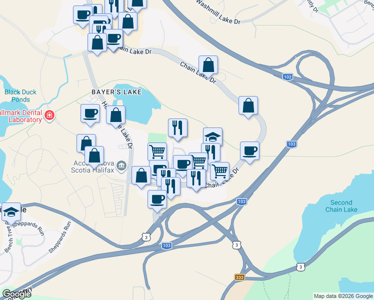 map of restaurants, bars, coffee shops, grocery stores, and more near 63 McQuade Lake Crescent in Halifax