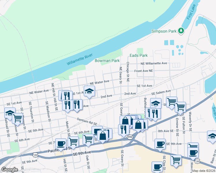 map of restaurants, bars, coffee shops, grocery stores, and more near 1615 Southeast 1st Avenue in Albany
