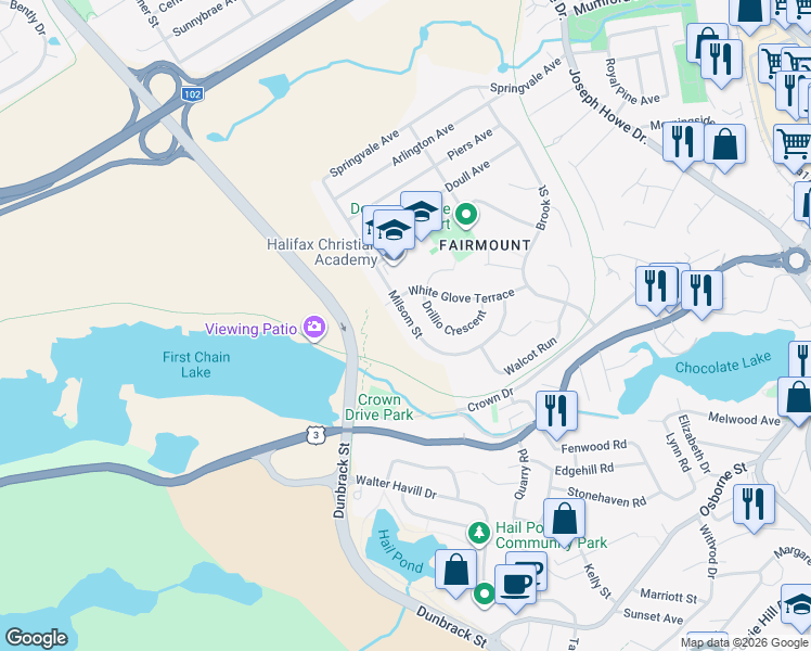 map of restaurants, bars, coffee shops, grocery stores, and more near 152 Milsom Street in Halifax