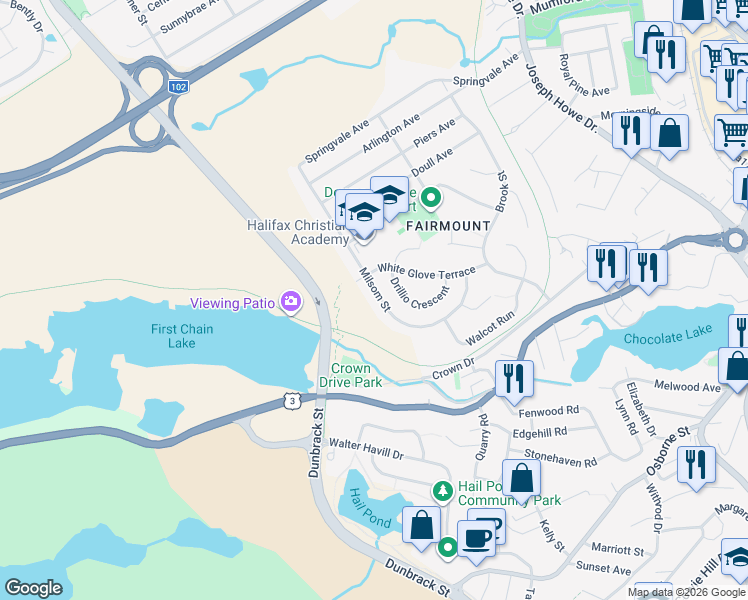 map of restaurants, bars, coffee shops, grocery stores, and more near 152 Milsom Street in Halifax