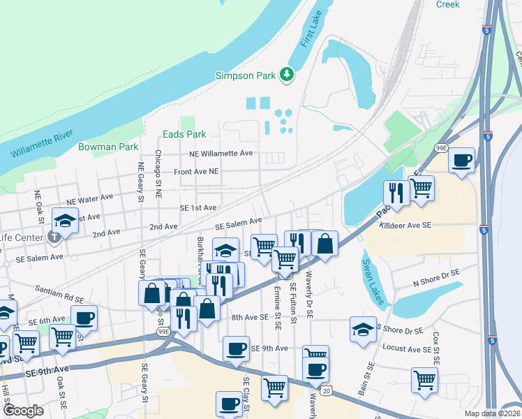 map of restaurants, bars, coffee shops, grocery stores, and more near 2331 Southeast Salem Avenue in Albany