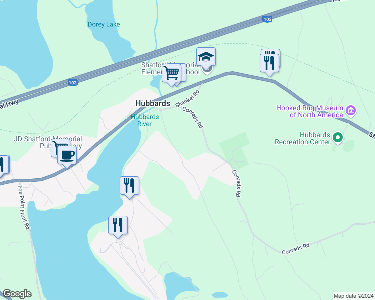 map of restaurants, bars, coffee shops, grocery stores, and more near 30 Schwartz Road in Hubbards