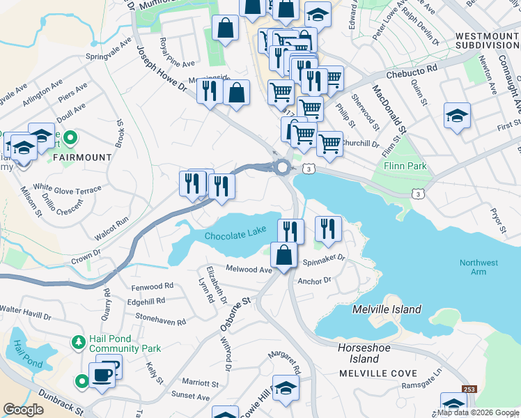 map of restaurants, bars, coffee shops, grocery stores, and more near 24 Fairmount Road in Halifax