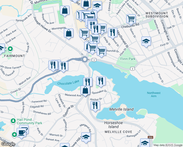 map of restaurants, bars, coffee shops, grocery stores, and more near 1 Armshore Drive in Halifax