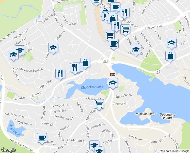 map of restaurants, bars, coffee shops, grocery stores, and more near 24 Fairmount Road in Halifax