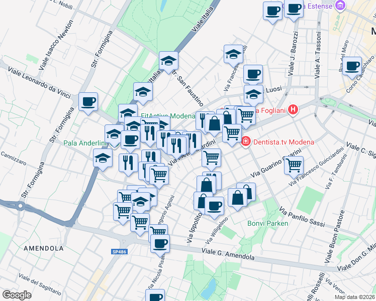 map of restaurants, bars, coffee shops, grocery stores, and more near 358 Via Pietro Giardini in Modena