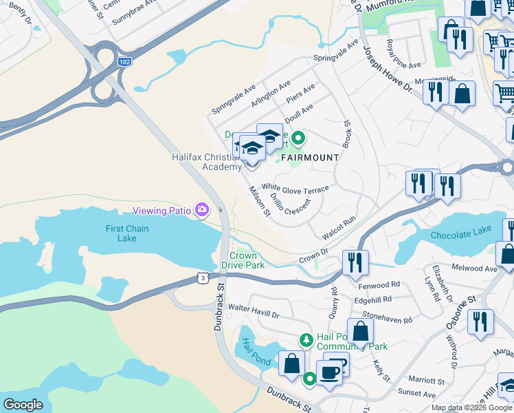 map of restaurants, bars, coffee shops, grocery stores, and more near 156 Milsom Street in Halifax