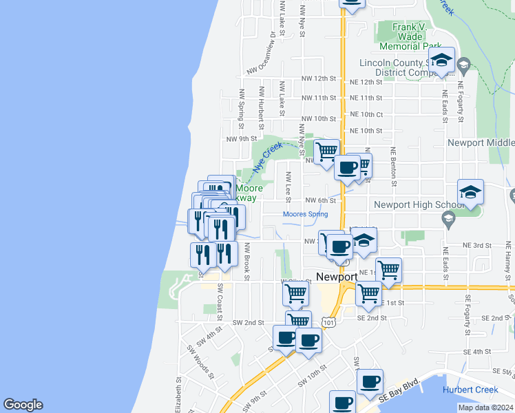 map of restaurants, bars, coffee shops, grocery stores, and more near 551 Northwest 6th Street in Newport