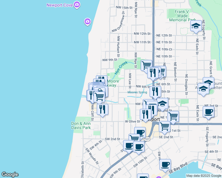map of restaurants, bars, coffee shops, grocery stores, and more near 551 Northwest 6th Street in Newport