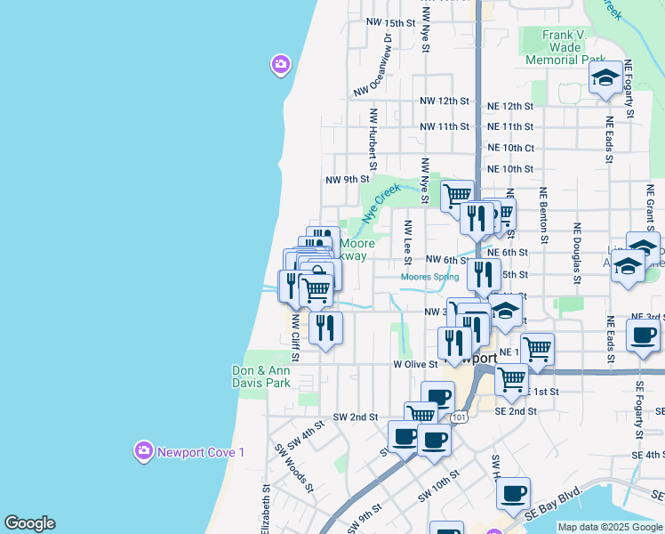 map of restaurants, bars, coffee shops, grocery stores, and more near 546 Northwest Coast Street in Newport