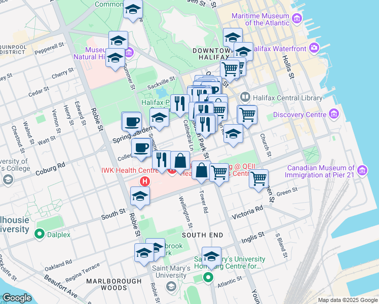 map of restaurants, bars, coffee shops, grocery stores, and more near 1330 Cathedral Lane in Halifax