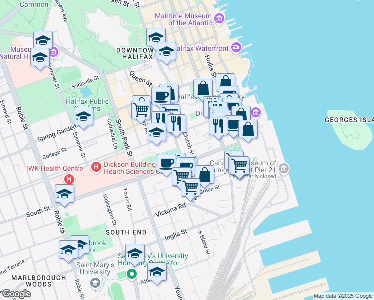 map of restaurants, bars, coffee shops, grocery stores, and more near 1234 Church Street in Halifax