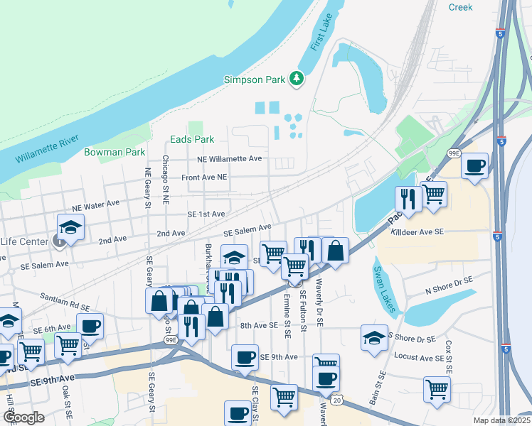 map of restaurants, bars, coffee shops, grocery stores, and more near 2331 Southeast Salem Avenue in Albany