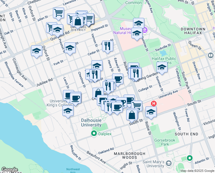 map of restaurants, bars, coffee shops, grocery stores, and more near 1552 Vernon Street in Halifax