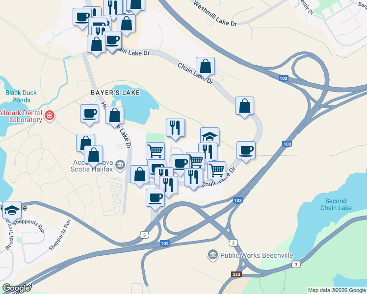map of restaurants, bars, coffee shops, grocery stores, and more near 63 McQuade Lake Crescent in Halifax