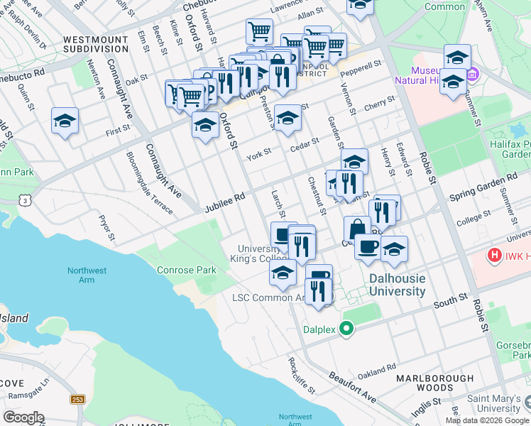 map of restaurants, bars, coffee shops, grocery stores, and more near 1645 Oxford Street in Halifax