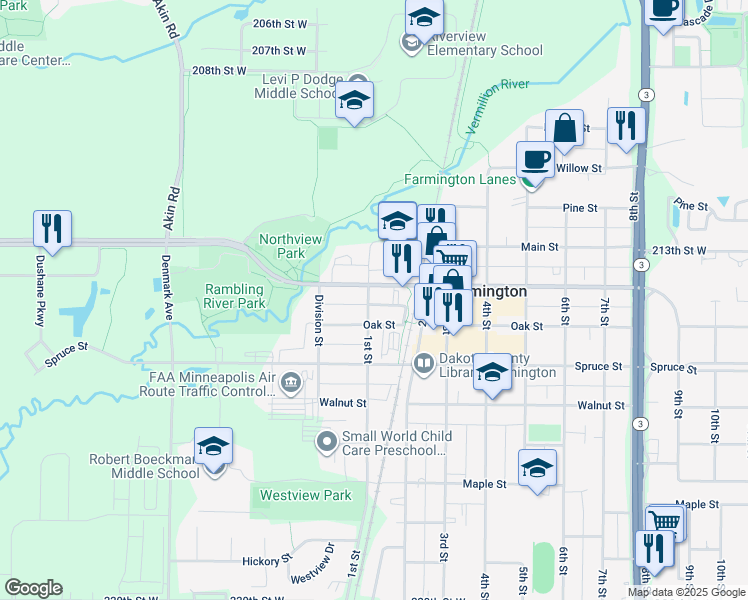 map of restaurants, bars, coffee shops, grocery stores, and more near 309 1st Street in Farmington