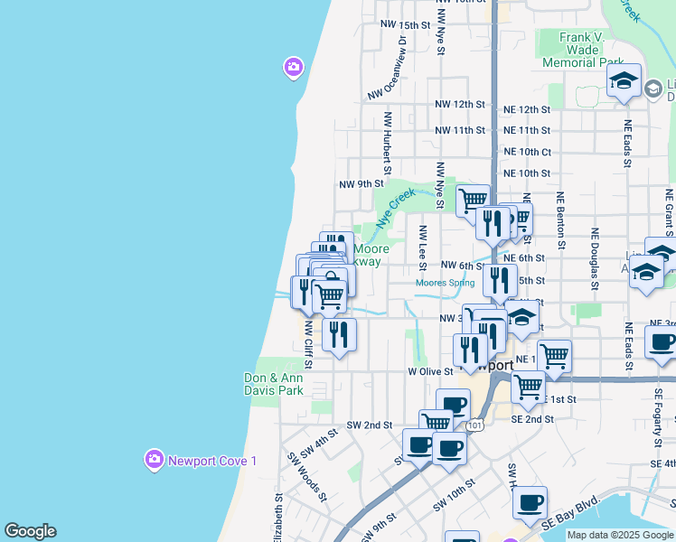 map of restaurants, bars, coffee shops, grocery stores, and more near 546 Northwest Coast Street in Newport