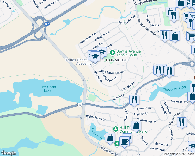 map of restaurants, bars, coffee shops, grocery stores, and more near 156 Milsom Street in Halifax