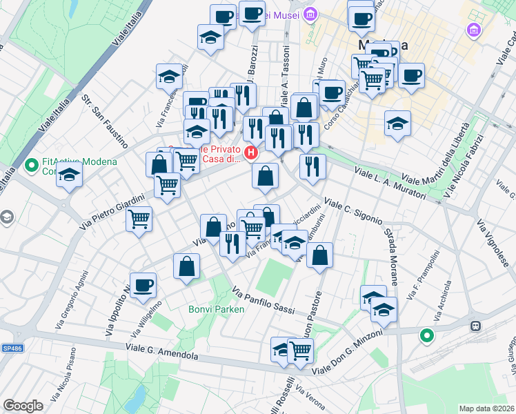 map of restaurants, bars, coffee shops, grocery stores, and more near 15 Via Jacopo Seghizzi in Modena