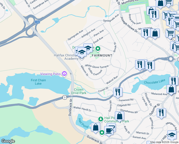 map of restaurants, bars, coffee shops, grocery stores, and more near 78 Drillio Crescent in Halifax