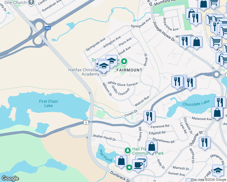map of restaurants, bars, coffee shops, grocery stores, and more near 78 Drillio Crescent in Halifax