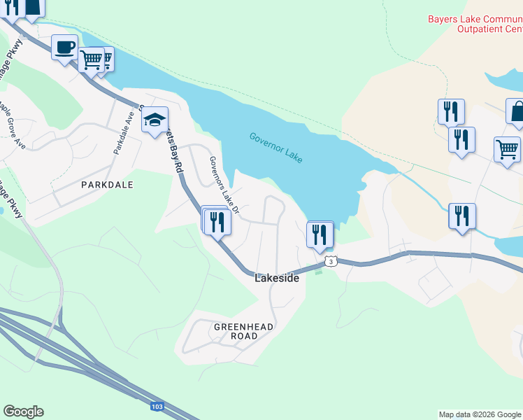 map of restaurants, bars, coffee shops, grocery stores, and more near 131 North Green Road in Lakeside