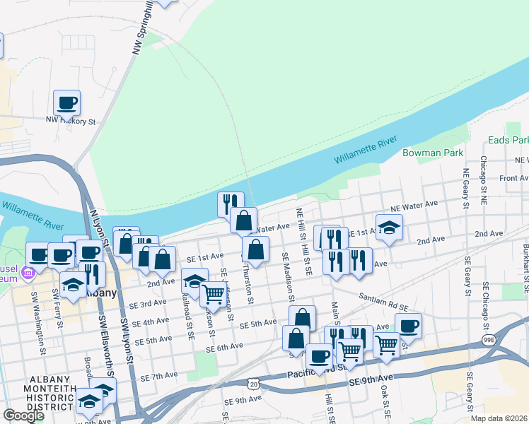 map of restaurants, bars, coffee shops, grocery stores, and more near 811 Front Avenue Northeast in Albany