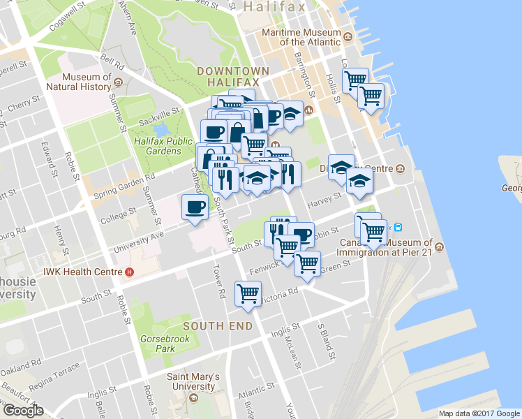map of restaurants, bars, coffee shops, grocery stores, and more near 5614 Morris Street in Halifax