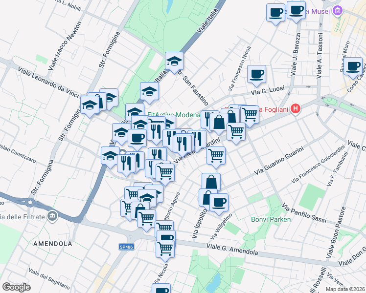 map of restaurants, bars, coffee shops, grocery stores, and more near 45 Via Antonio Cardarelli in Modena