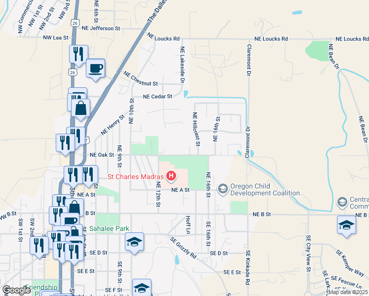map of restaurants, bars, coffee shops, grocery stores, and more near 470 Northeast Oak Street in Madras