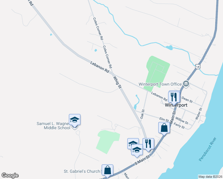 map of restaurants, bars, coffee shops, grocery stores, and more near 20 Rob Clark Street in Winterport