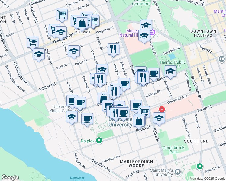 map of restaurants, bars, coffee shops, grocery stores, and more near 1560 Vernon Street in Halifax