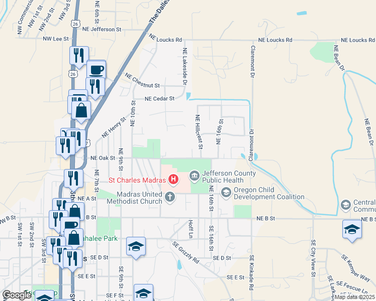 map of restaurants, bars, coffee shops, grocery stores, and more near 470 Northeast Oak Street in Madras