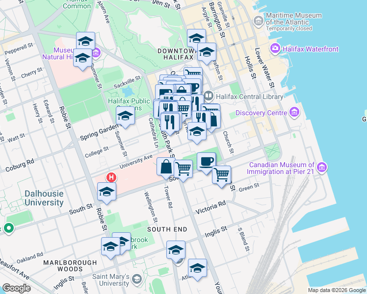 map of restaurants, bars, coffee shops, grocery stores, and more near 5656 Morris Street in Halifax