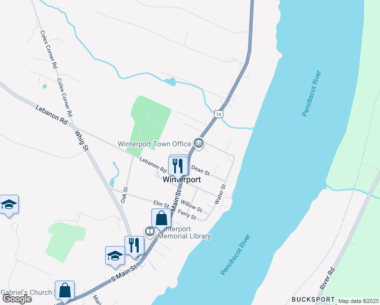 map of restaurants, bars, coffee shops, grocery stores, and more near 55 Main Street in Winterport