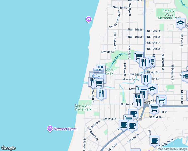 map of restaurants, bars, coffee shops, grocery stores, and more near 555 Northwest Alpine Street in Newport