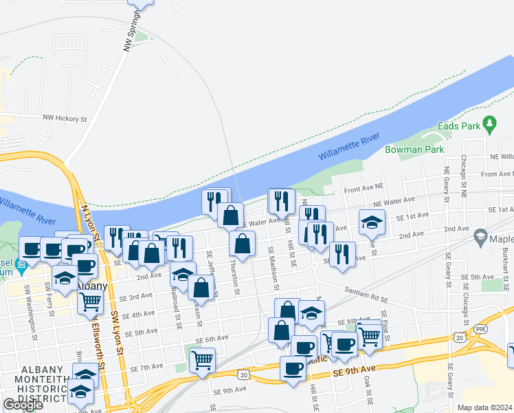 map of restaurants, bars, coffee shops, grocery stores, and more near 873 Front Avenue Northeast in Albany