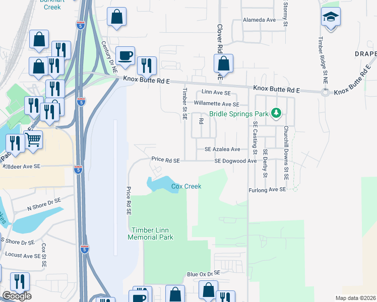 map of restaurants, bars, coffee shops, grocery stores, and more near 425 Timber Street Southeast in Albany