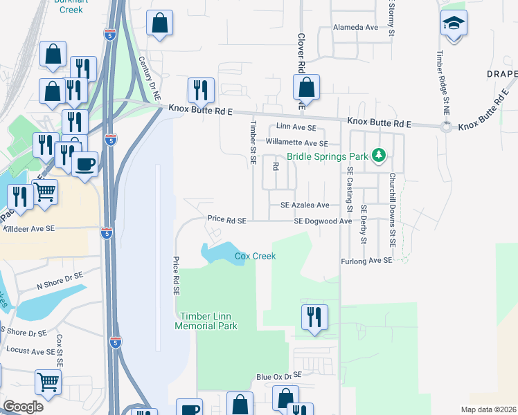 map of restaurants, bars, coffee shops, grocery stores, and more near 425 Timber Street Southeast in Albany
