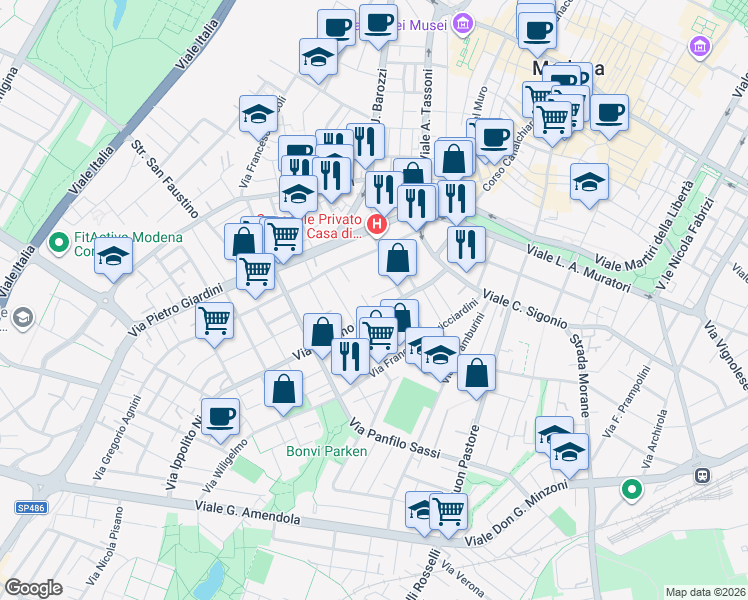 map of restaurants, bars, coffee shops, grocery stores, and more near 15 Via Jacopo Seghizzi in Modena