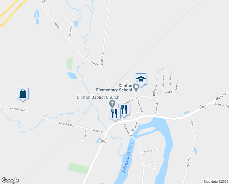 map of restaurants, bars, coffee shops, grocery stores, and more near 32 Railroad Street in Clinton