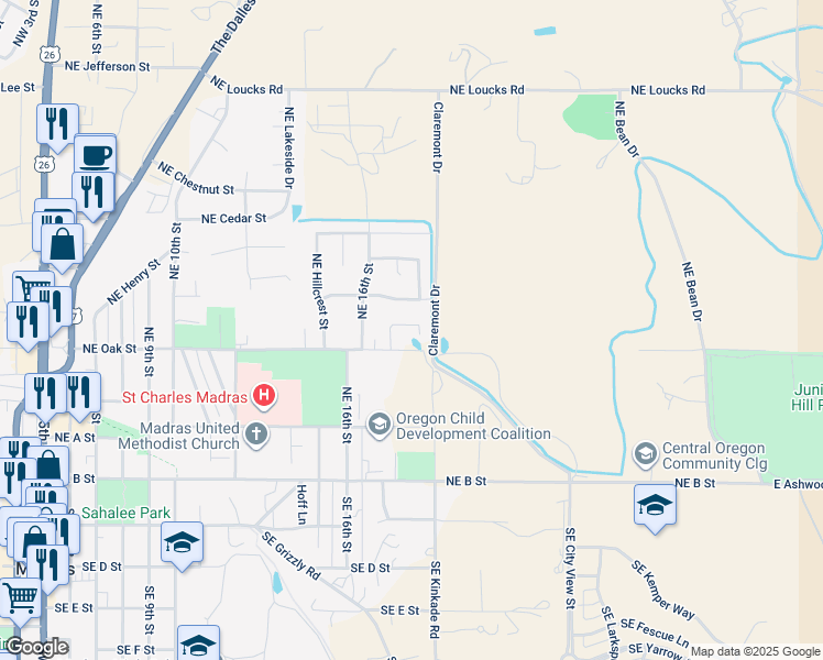 map of restaurants, bars, coffee shops, grocery stores, and more near 366 Northeast Clearview Court in Madras
