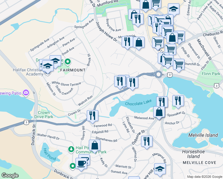 map of restaurants, bars, coffee shops, grocery stores, and more near 41 Saint Margarets Bay Road in Halifax