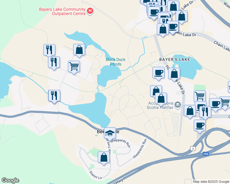map of restaurants, bars, coffee shops, grocery stores, and more near Zeppelin Crescent in Beechville