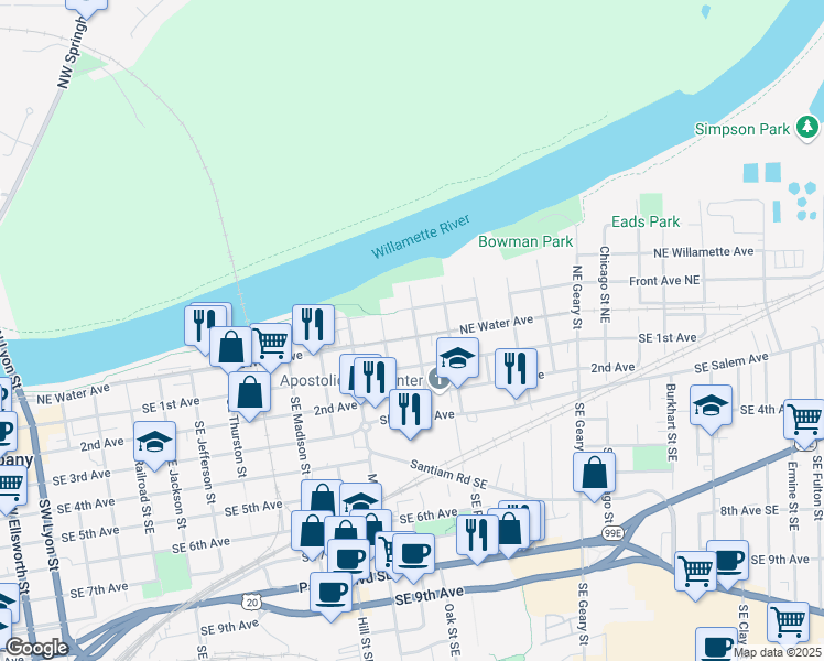map of restaurants, bars, coffee shops, grocery stores, and more near 1239 Northeast Water Avenue in Albany