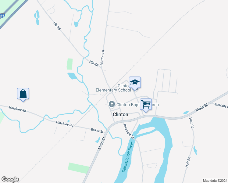 map of restaurants, bars, coffee shops, grocery stores, and more near 93 Railroad Street in Clinton