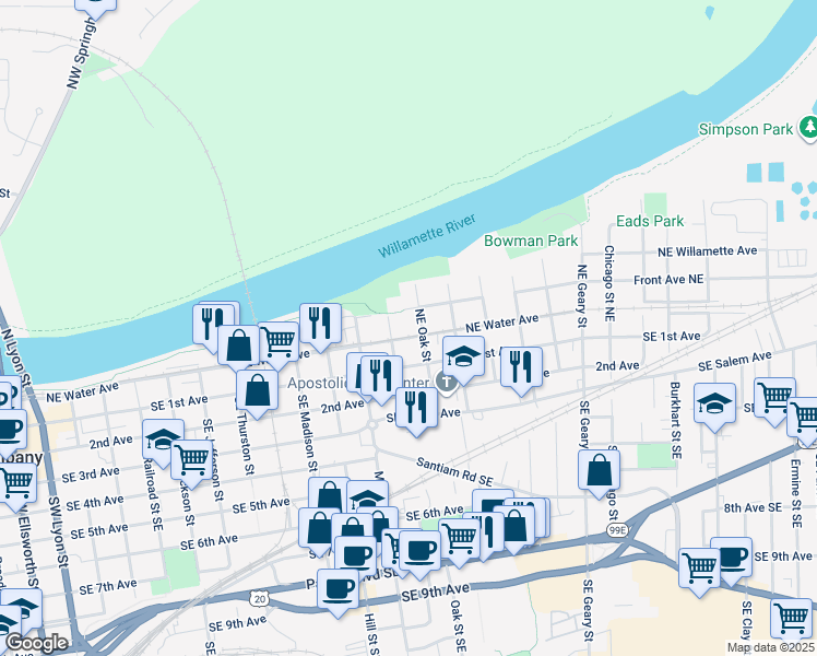 map of restaurants, bars, coffee shops, grocery stores, and more near 1239 Northeast Water Avenue in Albany