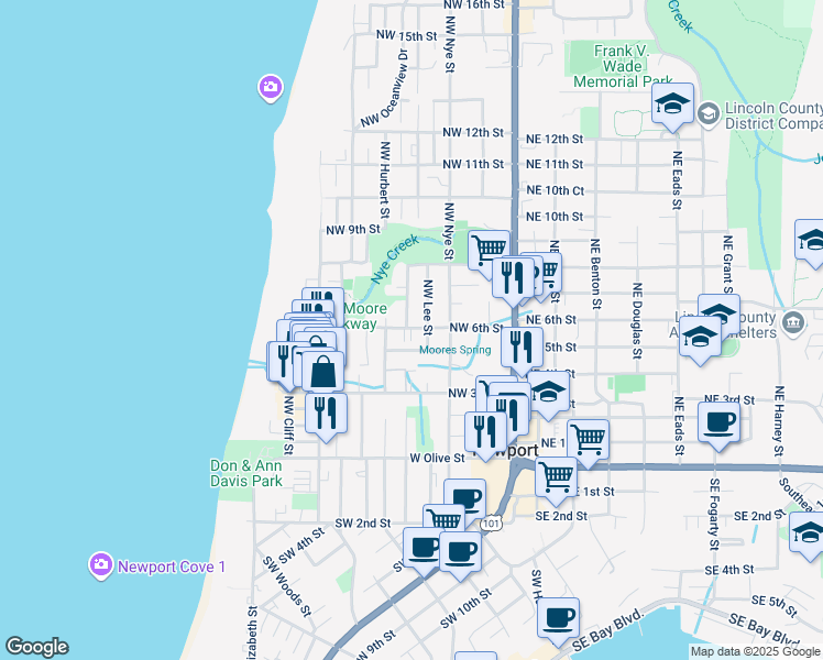 map of restaurants, bars, coffee shops, grocery stores, and more near 407 Northwest 6th Street in Newport